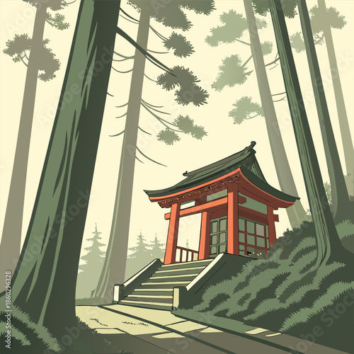 Serene forest landscape with traditional red shinto shrine gate and tall pine trees in misty woods japanese spiritual sanctuary flat vector illustration for travel poster or nature background art