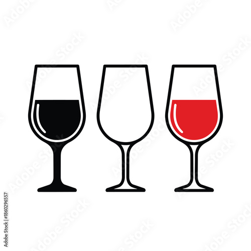 Three wine glasses are displayed showcasing different levels and colors of liquid inside them