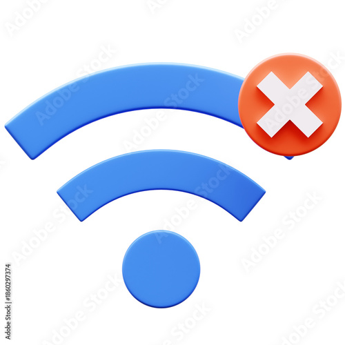 3D Illustration of No Wifi Connection, blue wifi icon with red cross mark, wireless network issue, internet problem, signal failure, disconnection, unavailable