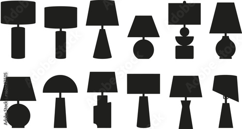 Modern black table lamp silhouette vector collection featuring minimalist interior lighting designs isolated on white background for home decor projects