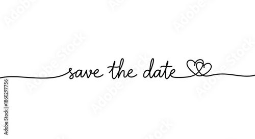 Save the date elegant script text in thin black cursive with two interlocked hearts at the end of a continuous line.