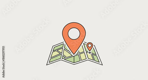 Folded world map illustration with a large orange location pin and a smaller one for destination and travel planning.
