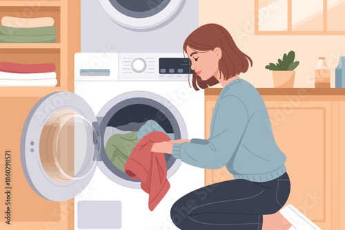 Woman loading laundry into washing machine in a domestic laundry room