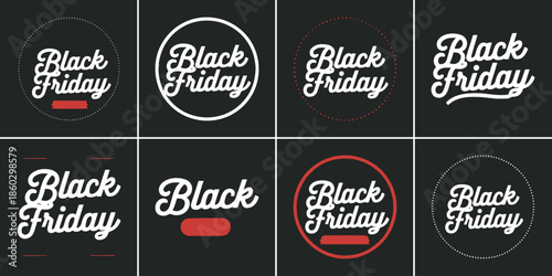 Collection of eight stylized black friday typography badges featuring varied circular and linear design elements perfect for holiday promotions