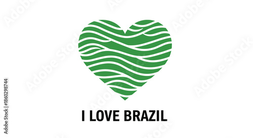 Green heart with stylized wave patterns and I Love Brazil text for national pride, tourism and travel promotion.