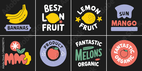 Collection of eight colorful vintage style fruit product labels featuring bananas lemons mangoes melons and other fresh produce designs