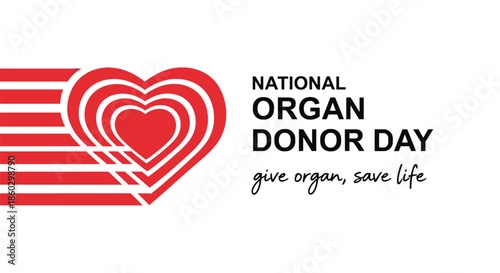 National Organ Donor Day awareness graphic with red concentric hearts and motion stripes for health campaigns.