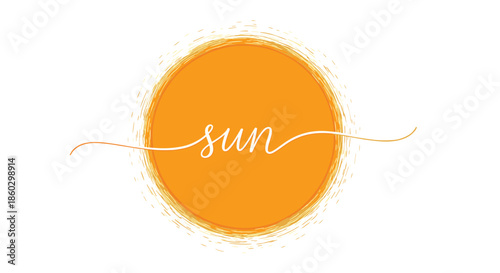 Sun script in white handwritten font over a large vibrant orange sun circle with a textured edge for summer vibes.