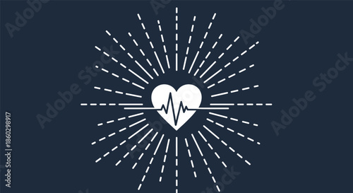 Medical heart icon with EKG pulse line and white starburst pattern on a dark blue background for health awareness.