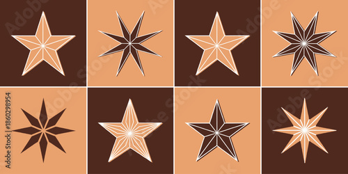 Collection of eight stylized star icons presented in a geometric two tone brown and tan square pattern design array
