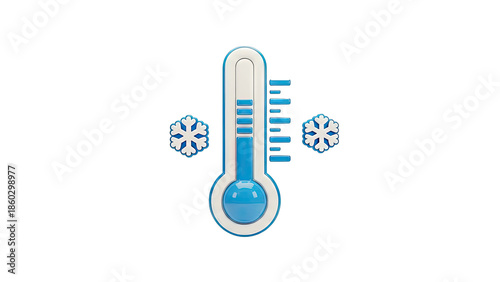 Cold Thermometer with Snowflakes on White Background