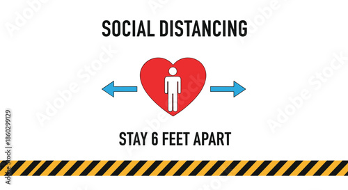Social distancing safety instruction with a person icon inside a heart and directional blue arrows for health.