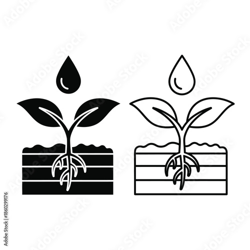 Illustrative depiction of plant growth stages showing a seedling with roots water droplets and soil layers