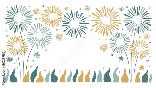 Vibrant floral fireworks pattern in gold and green hues for celebration