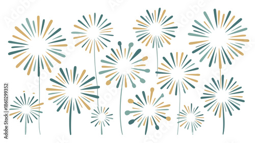 Vibrant dandelion flowers in green and yellow hues on white background