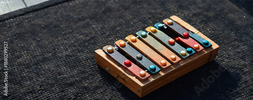 Vibrant wooden xylophone resting on a textured black surface during bright daylight