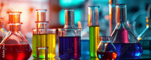 Colorful laboratory glassware containing various liquids in a modern lab setting during daylight hours