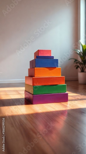 Colorful stacked boxes in a bright room with sunlight illuminating the wooden floor and a green plant nearby