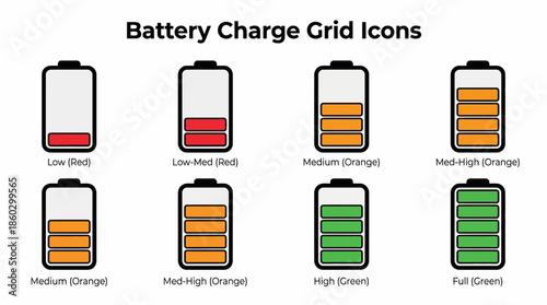 Battery Level Indicators Vector – Full to Low Charge Icons in Blue, Green, Orange, Red, Power Status Graphic for Devices, UI, Tech, and Energy Design