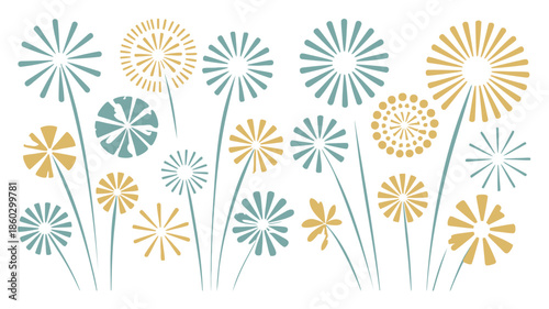 Vibrant floral pattern with teal and yellow dandelions on white background