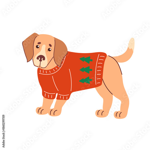 beagle in Ugly Christmas Sweater. ideal for holiday vector illustration. with wagging tail, friendly expression, clean vector lines, bold flat colors, holiday-themed accents