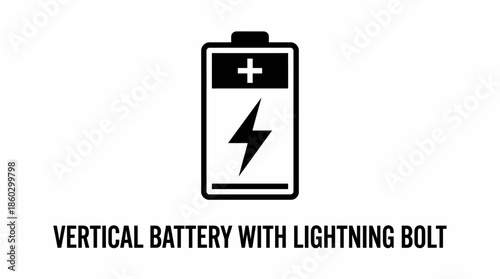 Vertical Battery with Lightning Bolt Vector – Upright Power Cell Icon with Polarity Symbols for Charging, Energy Storage, Electronics, UI, and Tech Design