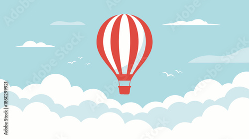 Cartoon Hot Air Balloon Vector – Red and White Striped Balloon with Yellow Basket, Blue Sky, Clouds, Sun, Airplane, Travel Adventure Leisure Graphic Design