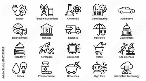 20 Industry Icons Vector Set – Energy, IT, Banking, Manufacturing, Logistics, Government, Aerospace, Retail, Utilities, Life Sciences, High Tech, and More
