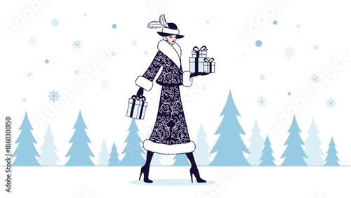 Elegant woman wearing a decorative fur-trimmed winter coat and hat carries stacked gift boxes in a snowy forest with pine tree silhouettes.