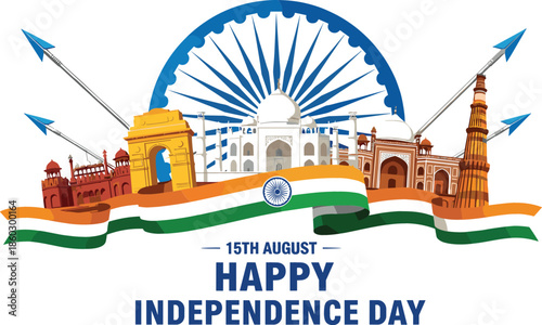 Happy India Independence Day vector illustration featuring national landmarks tricolor ribbon Ashoka Chakra and 15th August festive typography.