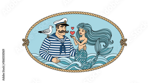 Romantic scene depicted in an oval rope frame showing a sailor and a mermaid looking at each other lovingly in the ocean waves.