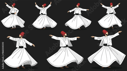 Multiple illustrations of Sufi whirling dervishes in traditional dress performing the Sema ceremony against a dark background for cultural themes.