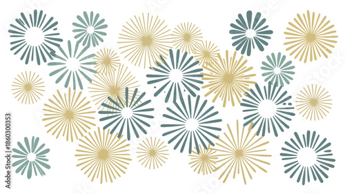 Vibrant floral patterns in gold and teal on white background