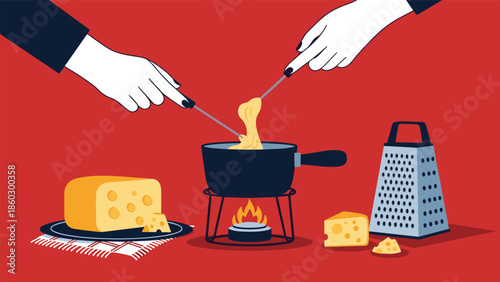 Close-up illustration of hands dipping bread into a pot of melted cheese fondue on a red background with cheese wedges and a grater.