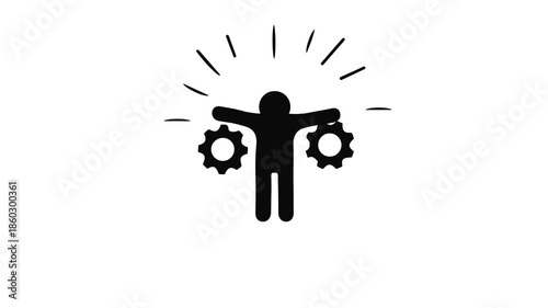 Abstract silhouette of a human figure with cogwheel hands and radiant lines suggesting technological innovation.