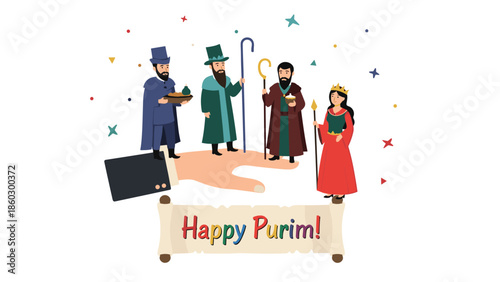 Purim holiday illustration showing four costumed characters standing on a giant hand above a scroll that says Happy Purim.
