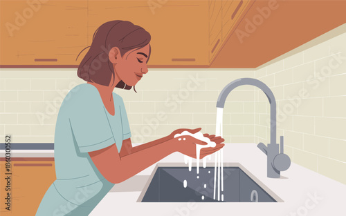 A young woman washes her hands under a running faucet in a kitchen sink
