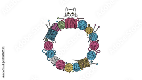Cute white cat peeping through a circular wreath made of colorful balls of yarn and knitting needles on a plain white background.