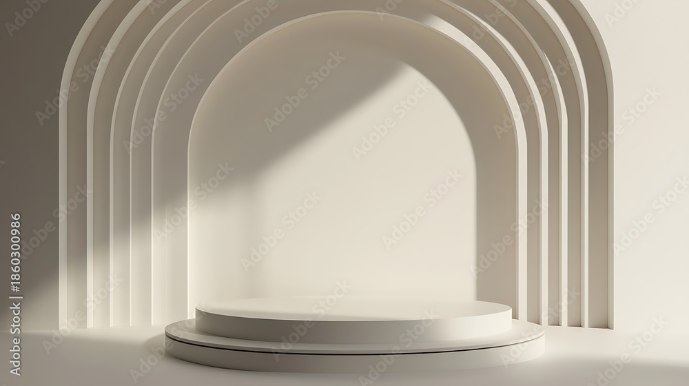 Fototapeta premium Minimalist stage with layered arched backdrop and circular platform in soft light photo