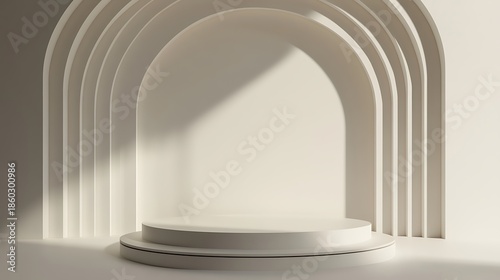 Minimalist stage with layered arched backdrop and circular platform in soft light photo