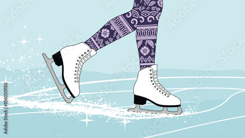 Close-up illustration of white figure skates gliding on ice with legs wearing decorative purple patterned tights on a winter background.