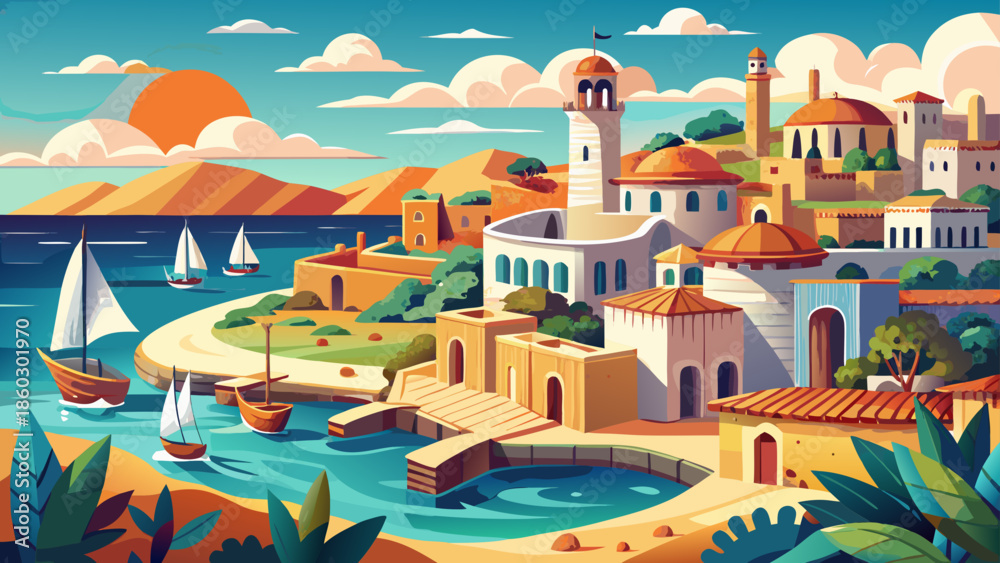 Fototapeta premium Very beautiful cityscape of Paphos in Cyprus, showcasing coastal urban scenery, Mediterranean atmosphere, and a blend of ancient heritage with modern seaside life.