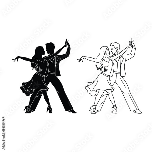 Elegant ballroom dancing couples depicted in black and white line art showcasing movement and partnership