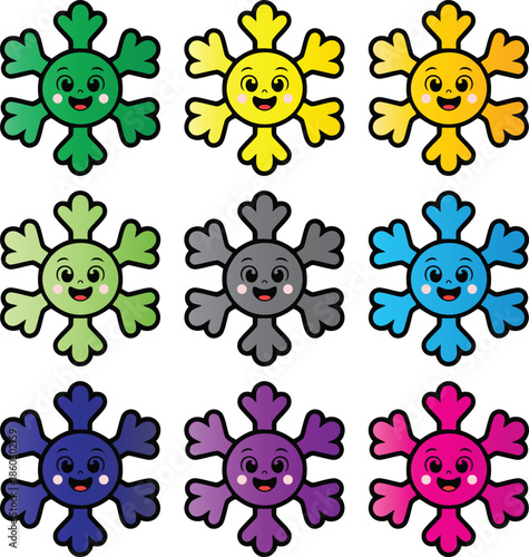 Set of cute cartoon snowflakes with smiling faces in a variety of colors
