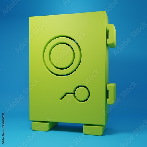 Green Safe icon isolated on blue background. The door safe a bank vault with a combination lock. Reliable Data Protection. Minimalism concept. 3D render illustration