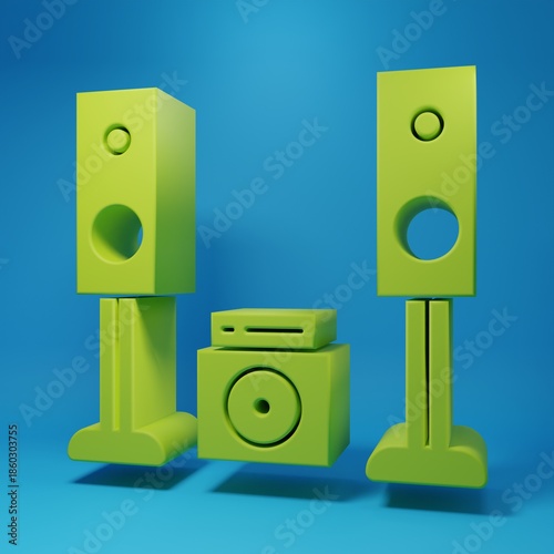 Green Home stereo with two speaker s icon isolated on blue background. Music system. Minimalism concept. 3D render illustration