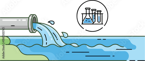 Water pollution from industrial pipe discharge into river with chemical test tubes.