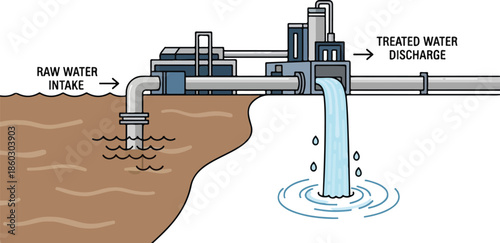 Water Treatment Plant Diagram Illustrating Raw Water Intake and Treated Water Discharge Process.
