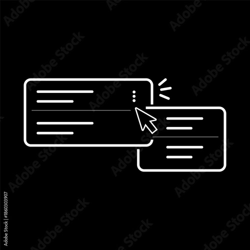 Minimalist dark mode interactive card UI icon with cursor click highlight, layered panels, and hover state indication, representing web app interactions, card-based interfaces, and SaaS.