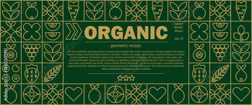 Geometric fruit farm pattern with apple carrot mosaic and abstract leaf line banner.